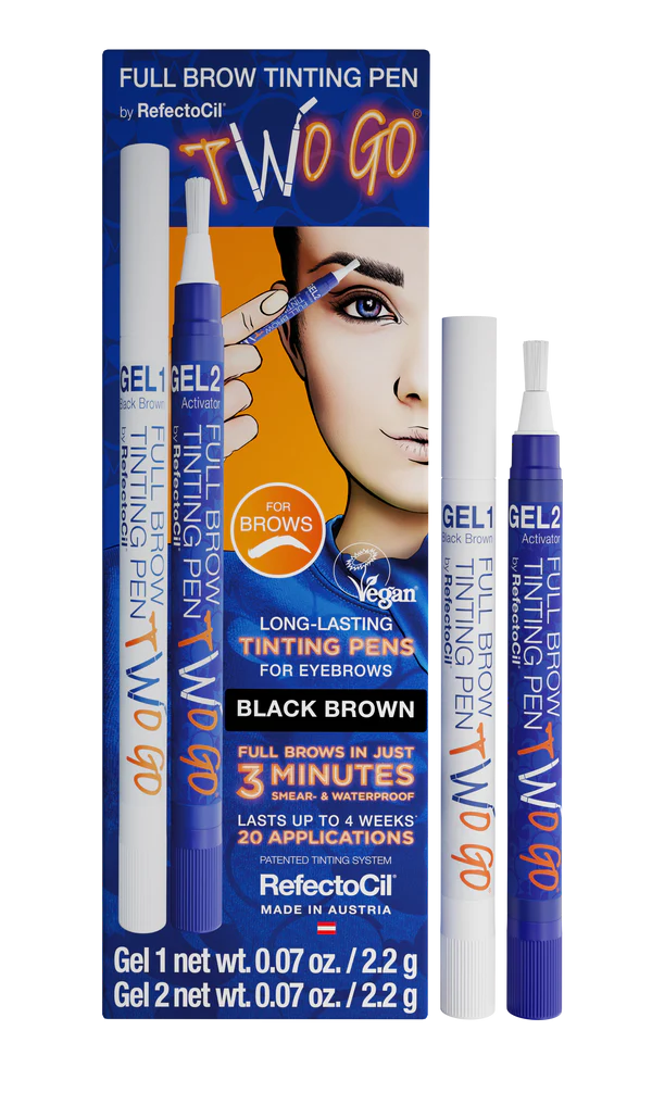 Blue box with two pens. Two Go Refectocil Long lasting tinging pen for eyebrows. Full brows in just 3 minutes