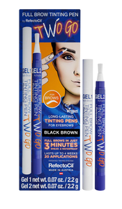 Blue box with two pens. Two Go Refectocil Long lasting tinging pen for eyebrows. Full brows in just 3 minutes