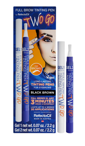 Blue box with two pens. Two Go Refectocil Long lasting tinging pen for eyebrows. Full brows in just 3 minutes