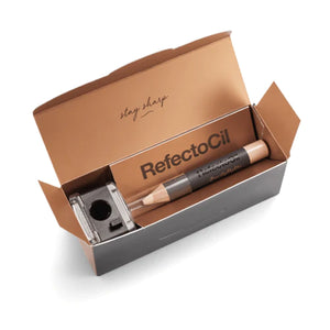 "RefectoCil Brow Highlighter Set with silk powder for soft shimmer and eye-lifting effect, including makeup sharpener – A & E Beauty Supplies. grey box with large pencil inside"