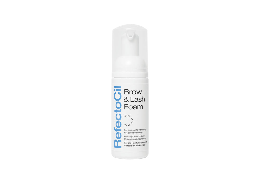 "RefectoCil Brow & Lash Foam, 45ml bottle, designed for gentle cleansing during lash and brow treatments, white bottle with push top, clear cap, displayed on a clean, neutral background."