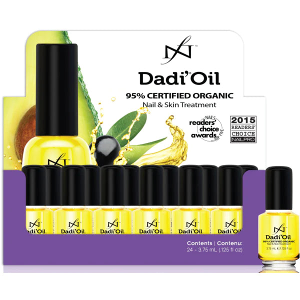 "Dadi' Oil by Famous Names, a small amber bottle with dropper, containing 14.3ml of organic moisturizing nail and skin oil."