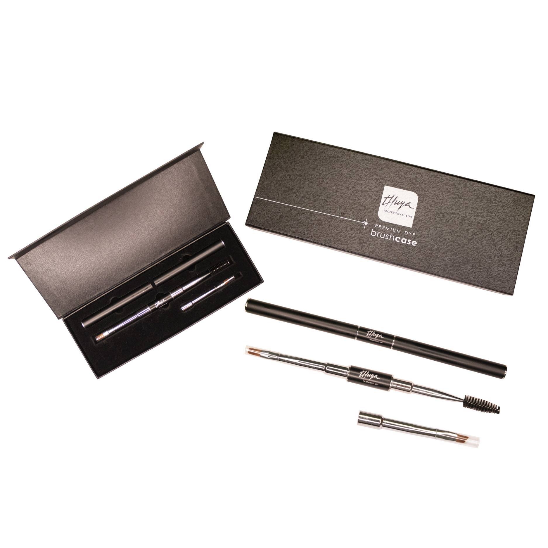 "Premium Dye Brush Kit by Thuya from A & E Beauty Supplies, includes three heads for brow and eyelash dyeing.In a brown display box"
