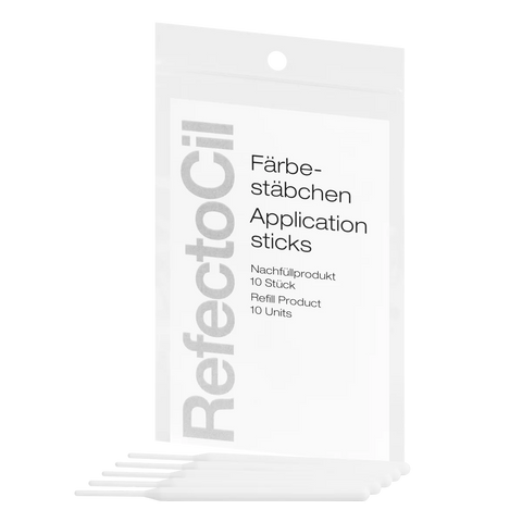 "RefectoCil Application Stick Refill (10-pack) from A & E Beauty Supplies, ideal for precise tint application in salons.White soft pouch package.