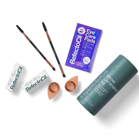 "RefectoCil Brow Lamination Kit available at A & E Beauty Supplies for fuller, styled, and long-lasting brows. includes 
2 x tubes lashperm 0.10 oz
2 x tubes neutralizer 0.10 oz
2 x mini-cosmetic dishes
2 x cosmetic brushes
1 x pair of Eye Care Pads FREE"