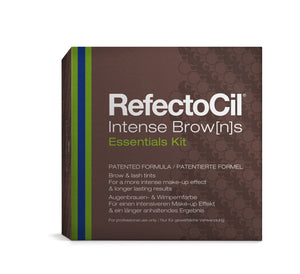 RefectoCil Intense Brow[n]s Essentials Kit "with shades, tools, and primers, available at A & E Beauty Supplies.This professional kit includes four vibrant shades, primers, activator gel, brushes, and brow mapping tools. Create personalized, long-lasting results using techniques like Ombre Shading, Full Brow, and Brow Filling.Brown box green and blue stripes"