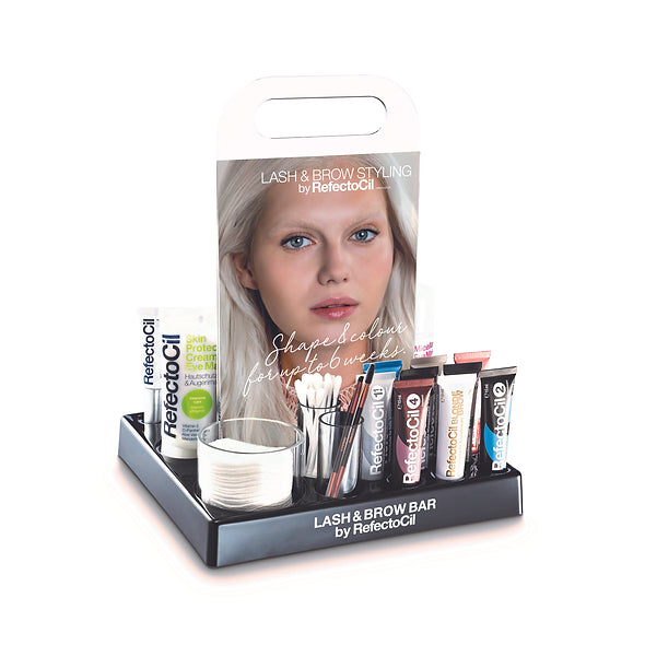 RefectoCil Lash & Brow Bar, professional salon display unit for lash and brow tinting products
1 x Tint Remover 150ml
1 x Micellar Eye Make-up Remover 150ml
1 x Oxidant 3% Developer Cream 100ml
1 x Skin Protection Cream &amp; Eye Mask 75ml
1 x Silicone Pads
1 x Browista Palette
1 x Browista Toolkit small
1 x Browista Toolkit broad
1 x Styling Gel 9ml
8 x RefectoCil colours 15ml (pure black, graphite, blue-black, deep blue, light brown, natural brown, red, chestnut)
1 x RefectoCil Blonde Brow 15ml