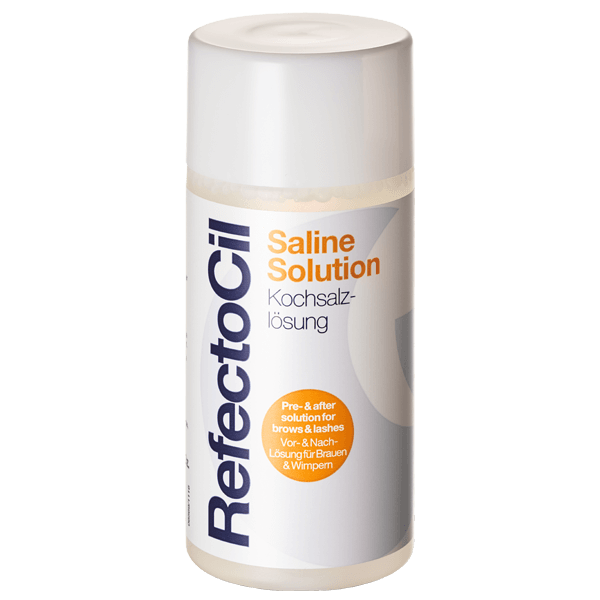 "RefectoCil Saline Solution 11 ml bottle for eyelash and eyebrow tinting, used to cleanse and optimize tint results, clear liquid. Round plastic container with orange and blue lettering"