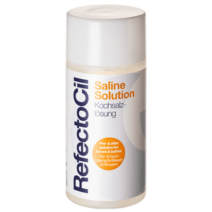 "RefectoCil Saline Solution 11 ml bottle for eyelash and eyebrow tinting, used to cleanse and optimize tint results, clear liquid. Round plastic container with orange and blue lettering"