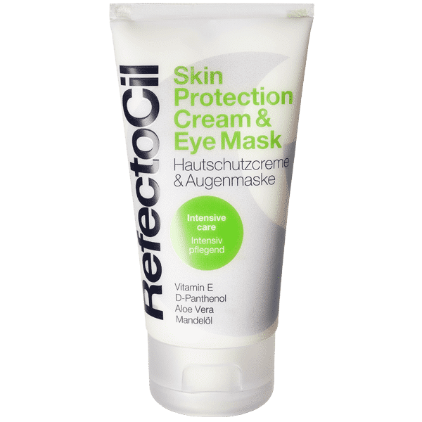 "RefectoCil Skin Protection Cream tube with vitamin E, aloe vera, and sweet almond oil for tinting protection - A & E Beauty Supplies. White squeeze tube with hard white cap"