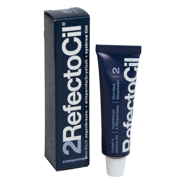 RefectoCil Tint in various shades. Each tube is color-coded to match the tint shade, and the packaging features the RefectoCil logo and product name in bold lettering. The tints are used for brow tinting and lash tinting services, offering a wide range of colors to suit different client preferences. The tubes are arranged on a clean, white background to emphasize the variety and high-quality of the product. Blue Black Eyebrow tint 15ml