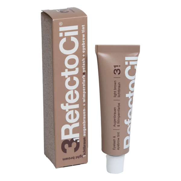 RefectoCil Tint in various shades. Each tube is color-coded to match the tint shade, and the packaging features the RefectoCil logo and product name in bold lettering. The tints are used for brow tinting and lash tinting services, offering a wide range of colors to suit different client preferences. The tubes are arranged on a clean, white background to emphasize the variety and high-quality of the product. Eyelash & Eyebrow Cream Hair Tints. Light brown Eyelash tint. 15ml