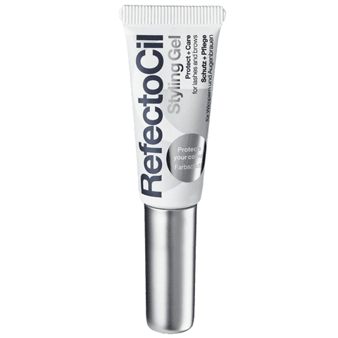 "Refectocil Styling Gel, a clear gel for shaping and setting brows and lashes, providing long-lasting hold for a polished look. A soft tube with a silver cap"