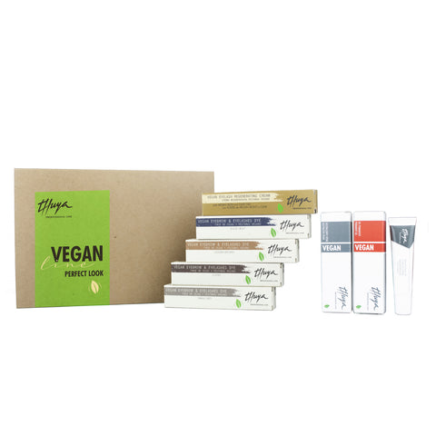 "Thuya Vegan Perfect Look Kit with vegan-friendly perming, lifting, and dyeing products for brows and lashes, available at A & E Beauty Supplies.
This kit includes:
4 Vegan dyes 14 ml
Special cream dye solution 14 ml
Vegan Permanent Gel 15 ml
Vegan cream neutralizer 15 ml
Vegan Eyelash Regenerating Cream 15 ml, 
Brown packaging with green letters."