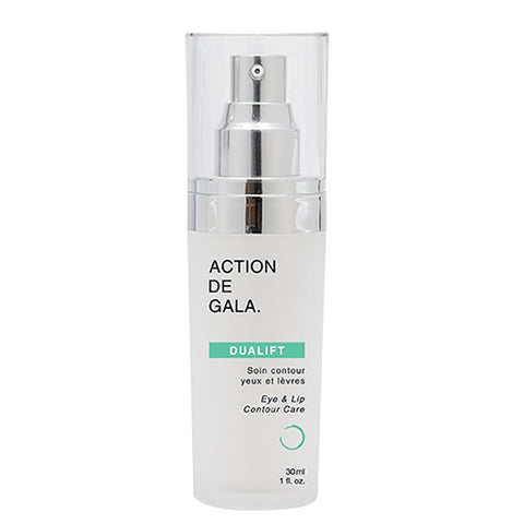 "A sleek bottle of Action de Gala Dualift Eye & Lip Contour Care, formulated to firm and rejuvenate the delicate skin around the eyes and lips, available at A & E Beauty Supplies"

