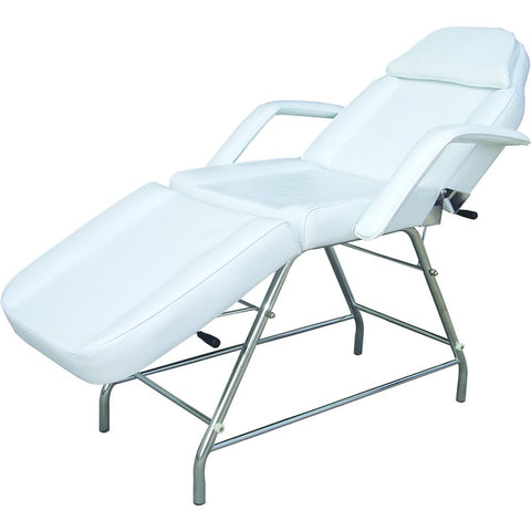 "Futura Basic white 3-section treatment bed CH241, adjustable, durable, perfect for electrolysis, eyebrow treatments, and laser procedures."
