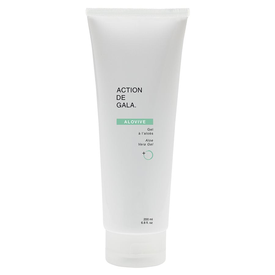 "A 200ml bottle of Alovive Aloe Gel by Action de Gala, a soothing and hydrating aloe vera gel ideal for post-treatment care, available at A & E Beauty Supplies. Perfect for after electrolysis, laser, waxing, sugaring, tweezing, threading."
