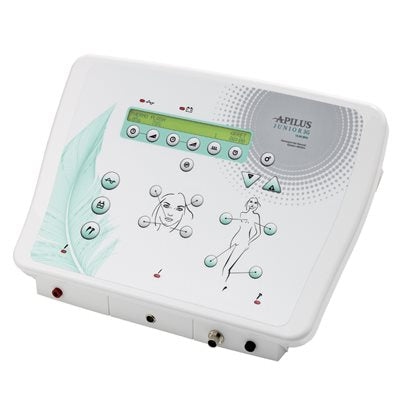 A compact electrolysis machine, the Apilus Junior 3G. It has a sleek, rectangular body in black and silver with a modern digital interface. Designed for safe, gentle, and efficient permanent hair removal, it is ideal for all skin and hair types, featuring both Flash and OmniBlend techniques for customizable treatments.