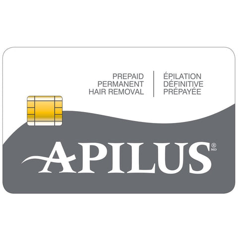 Apilus Platinum Smart Card, a small, rectangular prepaid card with a microchip, used for crediting electrolysis machine hours. The card features the Apilus logo and is designed for permanent hair removal treatments, offering multiple prepaid time options.