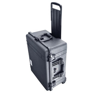 "Apilus XCell Case for storing and protecting the Apilus XCell electrolysis device a sleek black suitcase looking case with hard casing on wheels"