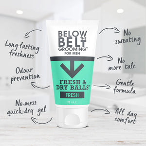 "A tube of Below The Belt Grooming for Men (75ml), a refreshing and protective grooming product, available at A & E Beauty Supplies
Our Fresh&amp; Dry Balls™ Fresh 75ml &amp; 150ml fragrance is a sparkly clean, oceanic scent. Think sea breeze, fresh."