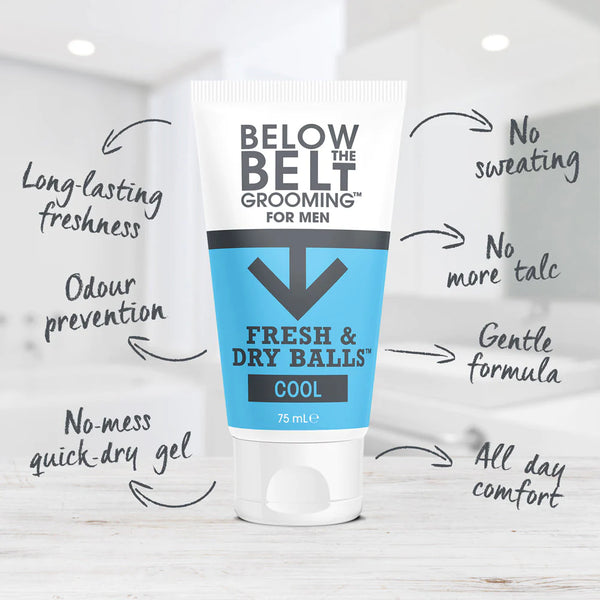 "A tube of Below The Belt Grooming for Men (75ml), a refreshing and protective grooming product, available at A & E Beauty Supplies
Our Fresh&amp; Dry Balls™ Fresh 75ml &amp; 150ml fragrance is a sparkly clean, oceanic scent. Think sea breeze, fresh."