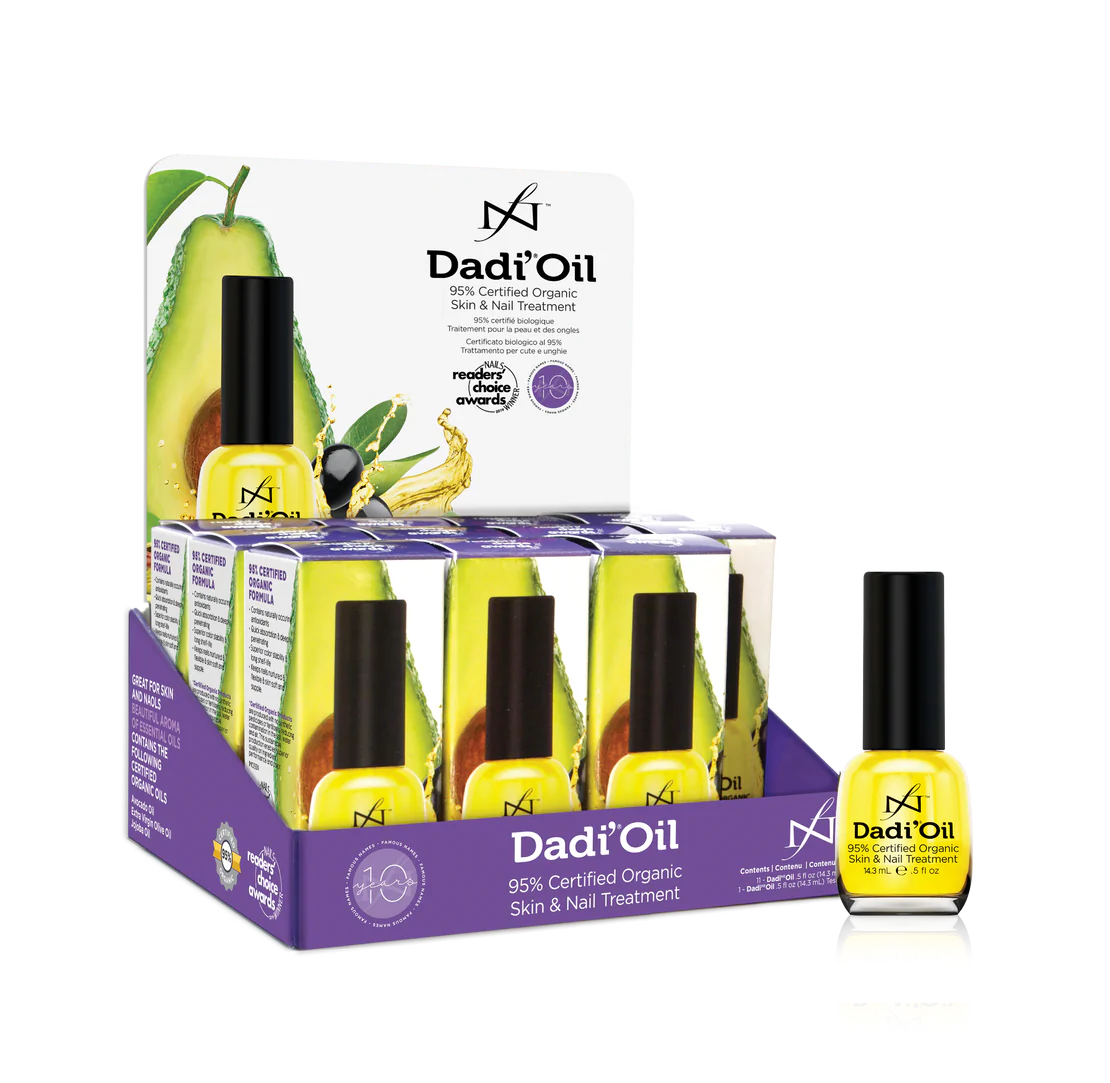 "Dadi' Oil by Famous Names, a small amber bottle with dropper, containing 14.3ml of organic moisturizing nail and skin oil."