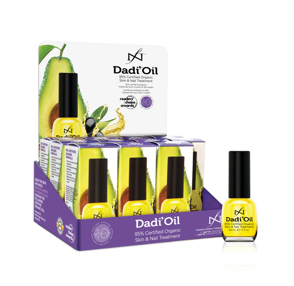 "Dadi' Oil by Famous Names, a small amber bottle with dropper, containing 14.3ml of organic moisturizing nail and skin oil."