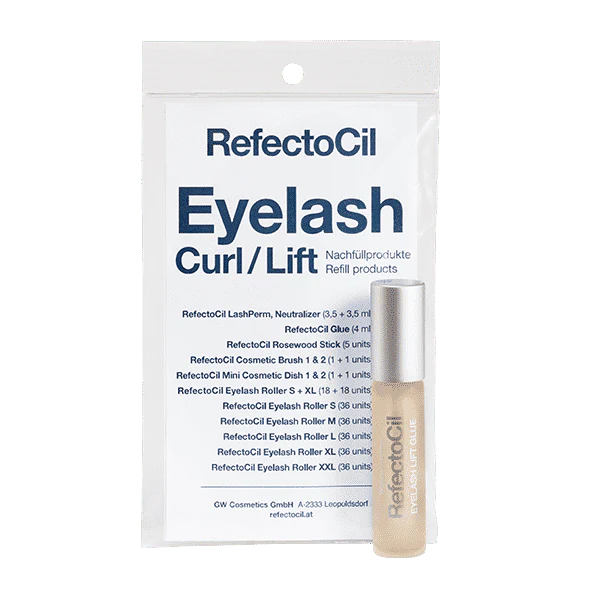 "Eyelash Lift Curl Glue by Refectocil, for securing lashes during lifting treatments, displayed on a clean, neutral background, white pouch "