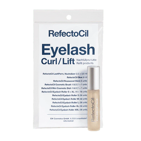 "Eyelash Lift Curl Glue by Refectocil, for securing lashes during lifting treatments, displayed on a clean, neutral background, white pouch "