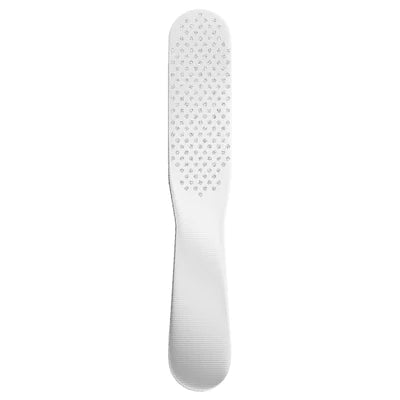 "This broad white Foot Callus File by Diamancel with diamond-dust surface removes tough calluses and rough skin."