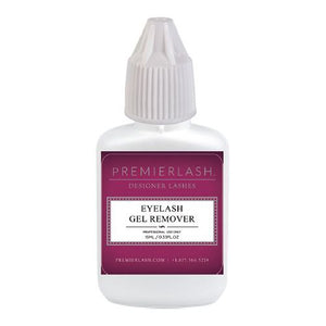 "Gel Remover 15ml PremierLash - A & E Beauty Supplies White bottle with maroon label and white cap"