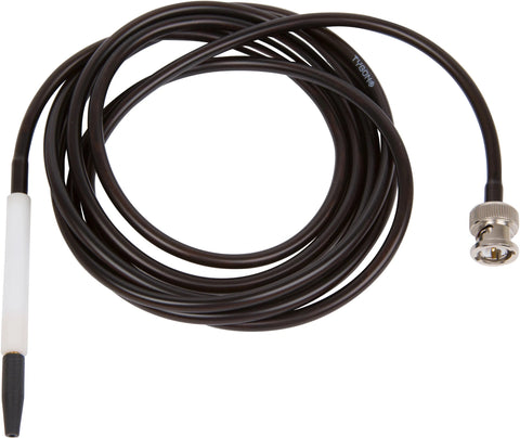 Close-up image of the Hinkel/Fischer non-air electrolysis needle cord with F Shank. The cord is designed for professional electrolysis, available in two lengths: a 72-inch cord with a 3-inch handle, and a 68-inch cord with a 3.5-inch handle. The needle cord is flexible and durable, ensuring precise hair removal treatments. Black cord with white handle and black tip.