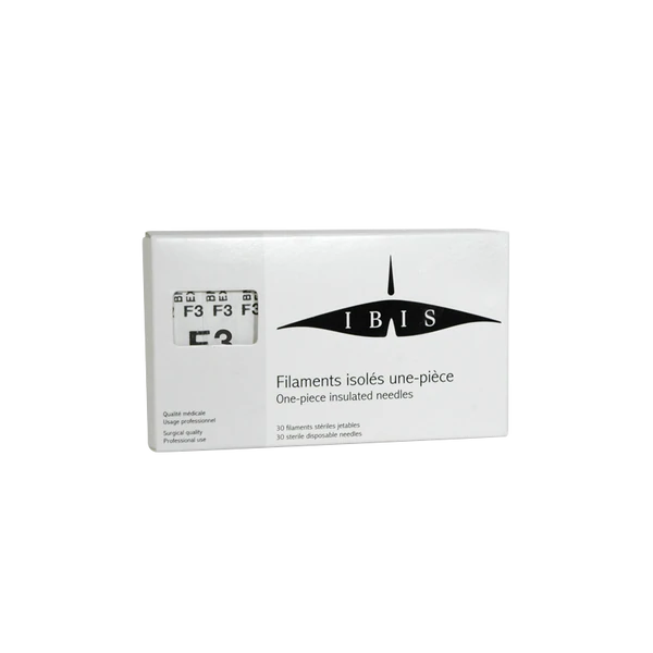 "Ibis F3 Non-Insulated Needle - 30pcs for Electrolysis Hair Removal | A & E Beauty Supplies. white box with black lettering "