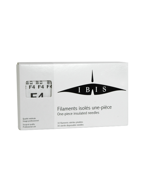 "Ibis F4 Non-Insulated Needle - 30pcs for Electrolysis Hair Removal | A & E Beauty Supplies. white box with black lettering "