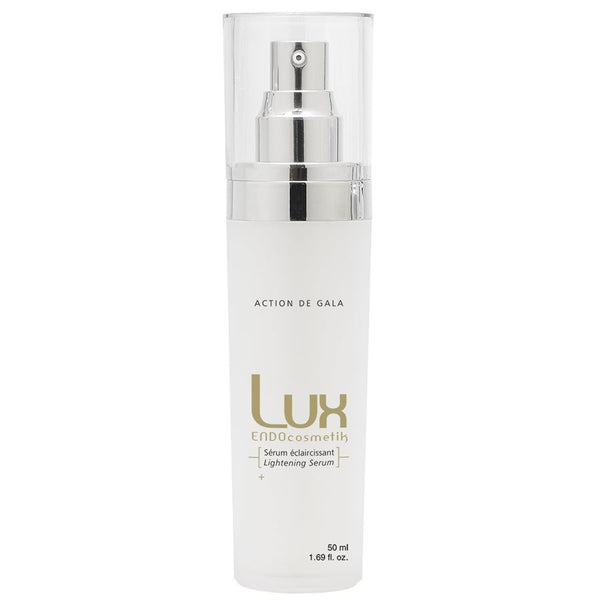 "A bottle of Lux Lightening Syrum by Action de Gala, a brightening serum designed to reduce dark spots and even skin tone, ideal for facials and daily care, available at A & E Beauty Supplies"