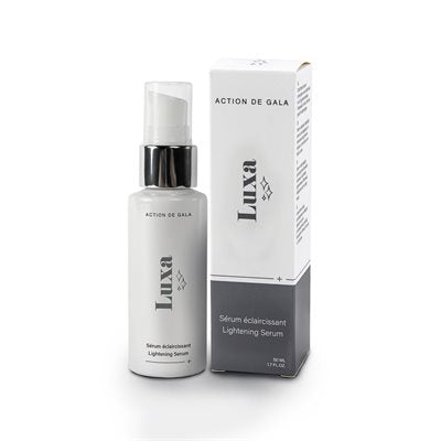 "A hard bottle with spray top of Luxa Lightening Serum by Action de Gala, a brightening formula to reduce dark spots and enhance skin tone, ideal for facials and daily care, available at A & E Beauty Supplies"