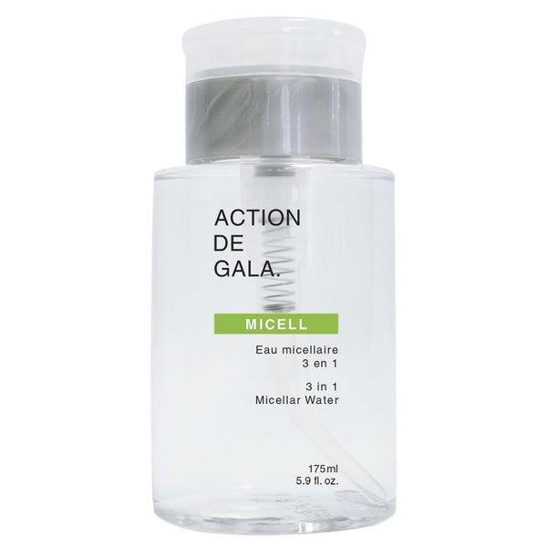 "A white 175ml bottle of Micell 3-in-1 Micellar Water by Action de Gala, a multifunctional cleanser and toner suitable for all skin types, available at A & E Beauty Supplies"
