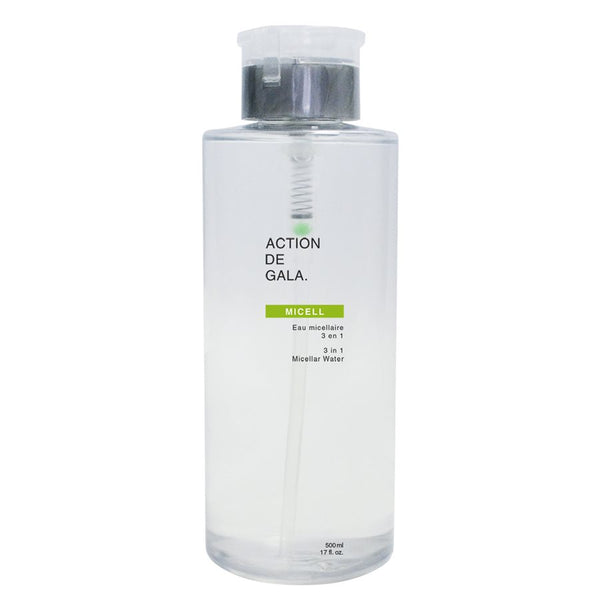 "A white 175ml bottle of Micell 3-in-1 Micellar Water by Action de Gala, a multifunctional cleanser and toner suitable for all skin types, available at A & E Beauty Supplies"

