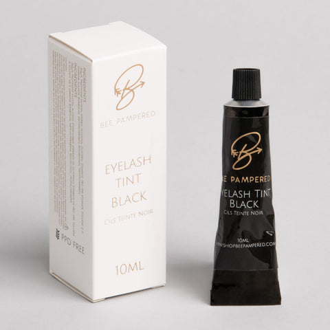 Bee Pampered PPD-Free Lash Tint from A & E Beauty Supplies, safe and gentle for simultaneous lash lift and tint services.
Black tube with white tube."