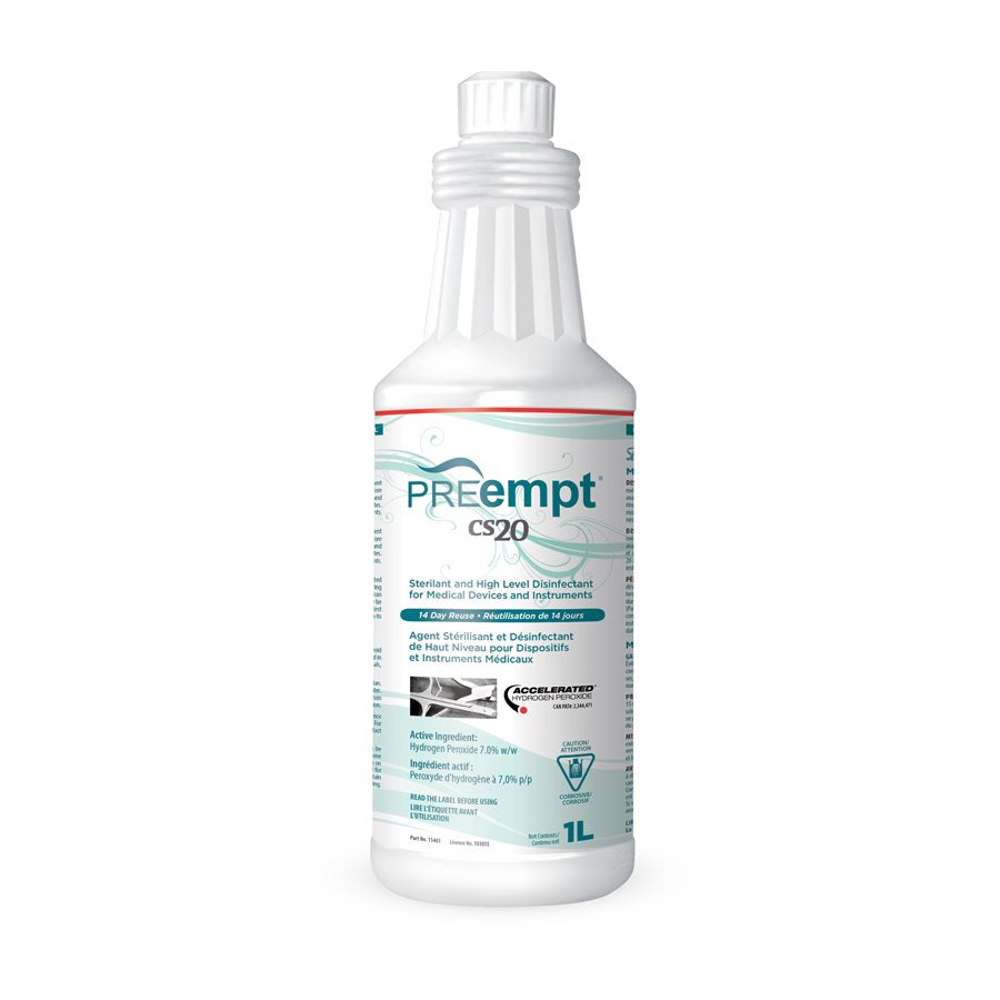 "Preempt CS20 (4L), a high-level disinfectant solution designed for professional sterilization in medical and beauty settings. Large white jug with a hole on one side full o liquid"