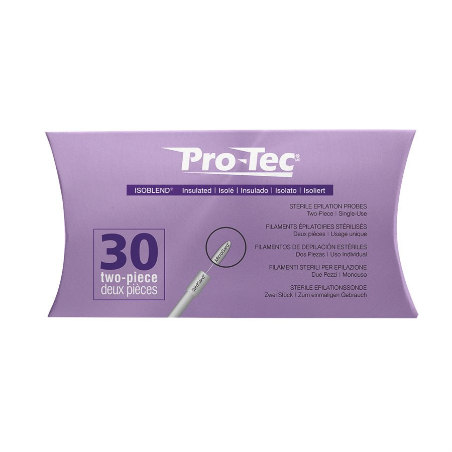 "Pro-Tec Isoblend Insulated Probes - 30pk for Electrolysis Hair Removal | A & E Beauty Supplies Purple packaging with white and purple lettering on a clean white background"