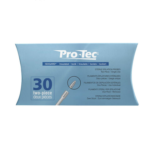 "Pro-Tec Isogard Insulated Probes - 30pk for Electrolysis Hair Removal | A & E Beauty Supplies. Blue cardboard package with dark blue and white lettering"