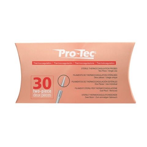 "Pro-Tec Thermocoagulation Insulated Probes - 30pk for Skin Lesions and Vascular Treatments | A & E Beauty Supplies. Orange cardboard box with darker orange lettering"