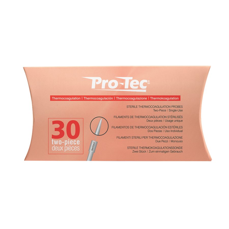 "Pro-Tec Thermocoagulation Probes - 30pk for Skin Lesion and Vascular Treatments | A & E Beauty Supplies Orange cardboard box with darker orange lettering. "