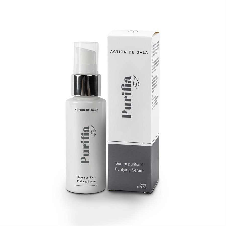 "A sleek bottle with pump top, of Purifia Purifying Syrum by Action de Gala, a targeted serum to reduce blemishes and control oil, ideal for acne-prone skin, available at A & E Beauty Supplies"