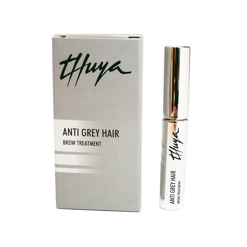 "Thuya Anti Grey Hair Brow Treatment for restoring brow pigment and enhancing strength and shine, available at A & E Beauty Supplies. Sleek silver bottle in a clean white box"