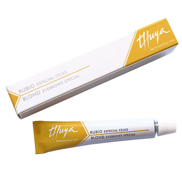 A 14ml tube of Thuya Display Lash & Brow Tint in blonde, a professional-grade tint for long-lasting color. The tube features a sleek, modern design with a black and gold label, highlighting the rich color inside. This tint is used for brow tinting and lash tinting services to achieve a deep, bold, and natural finish. The tube is set against a clean, white background, emphasizing the high-quality and professional nature of the product.

