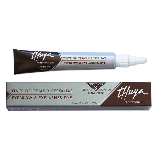 This Thuya professional line of eyebrow and eyelash tint delivers colour and radiance as well as creating the illusion of more volume and thickness. It intensifies the natural look without needing to use mascara or makeup.
This Squeeze tube with a hard white twist in cap all in a cardboard box has eye brow and eyelash dye in brown.  3 properties Keratin, argon oil and active color 14 ml brown