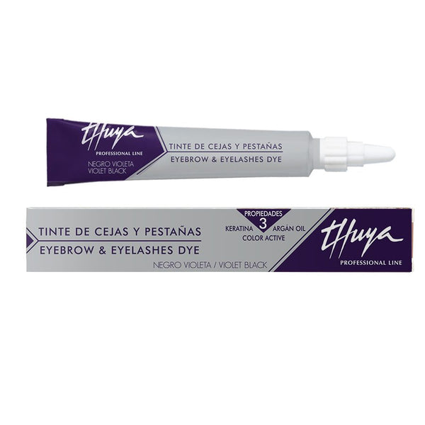 A 14ml tube of Thuya Display Lash & Brow Tint in violet Black, a professional-grade tint for long-lasting color. The tube features a sleek, modern design with a black and gold label, highlighting the rich color inside. This tint is used for brow tinting and lash tinting services to achieve a deep, bold, and natural finish. The tube is set against a clean, white background, emphasizing the high-quality and professional nature of the product.